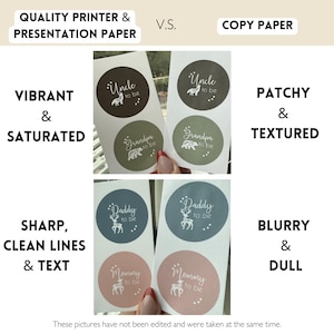 May include: Comparison of printed labels on quality printer paper versus copy paper. The labels on the quality paper are vibrant and saturated with sharp, clean lines and text. The labels on the copy paper are patchy and textured with blurry and dull text. The labels feature various titles such as "Uncle to be", "Grandpa to be", "Daddy to be", and "Mommy to be".