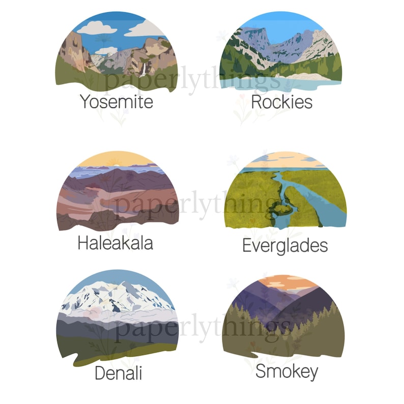 May include: A collection of six landscape illustrations, each set within a semi-circular frame. The scenes depict Yosemite, Rockies, Haleakala, Everglades, Denali, and Smokey, with text labels below each image. The color palette includes blues, greens, browns, and oranges.