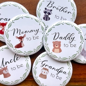 Babyparty-Familien Pins - Mommy to be, Daddy to be und mehr! Tieroptionen anpassen - Fuchs, Bär, Hase, Eichhörnchen, Waschbär & mehr