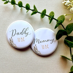 Greenery Baby Shower Pinback Buttons- Eucalyptus and Gold Party Pins, Gender Reveal pins - Gender Neutral