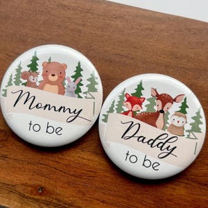 Custom Woodland Animal Baby Shower Pins – Forest Background | Mommy to Be, Daddy to Be, Grandma + More!