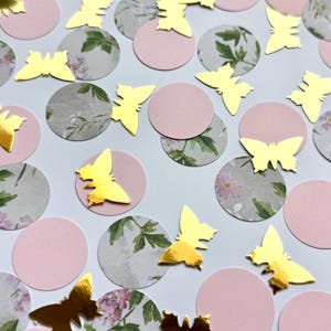 Floral Butterfly Party Confetti – Gold Foil Butterflies & Blush Floral Circles – Baby Shower, Bridal Shower, Garden Party Table Decor