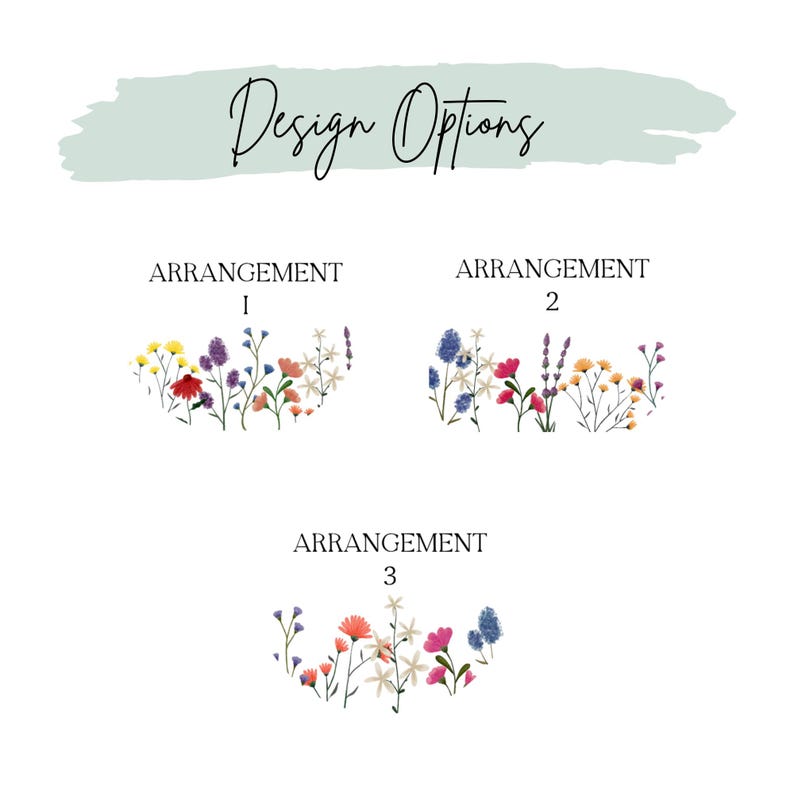 May include: Three different floral arrangements with a variety of colorful flowers, including pink, red, yellow, blue, and white. The text "Arrangement 1", "Arrangement 2", and "Arrangement 3" is displayed above each arrangement.