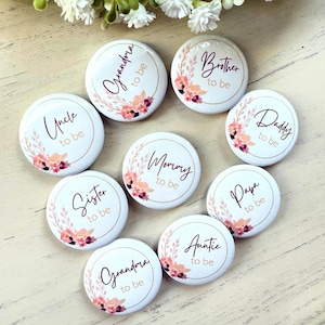 Fall Floral Baby Shower Pinback Buttons - Party Pins, Gender Reveal pins, Mommy to be party favor