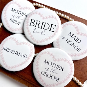 Pearls and Prosecco Bridal Shower Pins: Elegant Wedding Party Badges