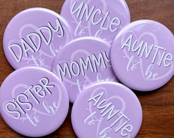 Heart Baby Shower Pinback Buttons – Lilac Purple, Gender Reveal Party