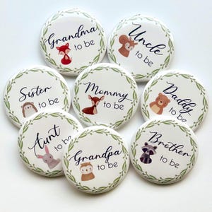Babyparty-Familien Pins - Mommy to be, Daddy to be und mehr! Tieroptionen anpassen - Fuchs, Bär, Hase, Eichhörnchen, Waschbär & mehr