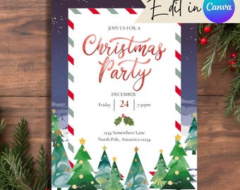 May include: A Christmas party invitation with a watercolor illustration of a snowy forest with pine trees. The invitation reads "Join us for a Christmas Party" with the date and time "December 24, 7:30pm". The address is "1234 Somewhere Lane, North Pole, Antartica 01234".