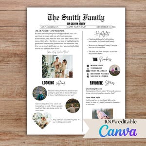 Plantilla editable de boletín familiar para días festivos y Año Nuevo, personalizable en Canva / Resumen de fin de año
