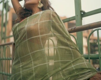 Sage Green Sari with White Checkers Including Blouse Piece - Vegan Cruelty free Linen Saree - Metro