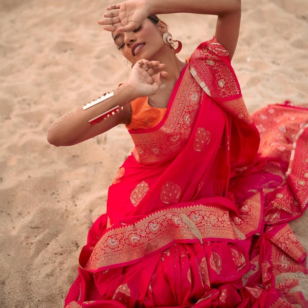 Hot Pink Sari with Gold Zari Including Blouse Piece - Vegan Cruelty free Silk Saree  - Pondy Bazaar