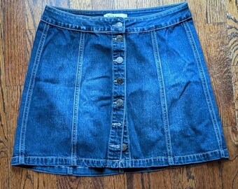 Vintage 90s Y2K Juniors 9 Blue Denim Jean Stretch Short A Line Button Mini Skirt