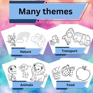 May include: Black and white line drawings of various themes, including nature, transport, animals, and food. The nature theme includes a flower, rainbow, and butterfly. The transport theme includes a rocket and an ambulance. The animals theme includes a dinosaur, elephant, and lion. The food theme includes a hamburger, strawberry, and apple.
