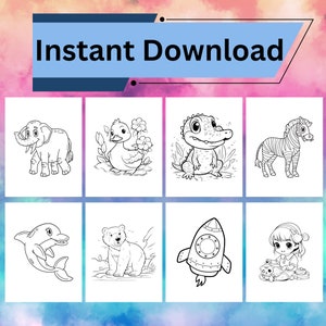 May include: A set of eight black and white coloring pages featuring various animals and objects, including an elephant, a duck, a crocodile, a zebra, a dolphin, a bear, a rocket, and a girl with a cat.