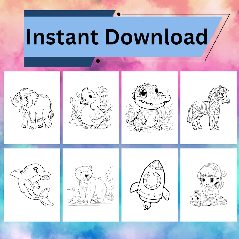 May include: A set of eight black and white coloring pages featuring various animals and objects, including an elephant, a duck, a crocodile, a zebra, a dolphin, a bear, a rocket, and a girl with a cat.