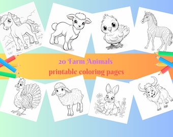 Farm Animal Coloring Pages for Kids: 20 Printable Designs (Digital Download)