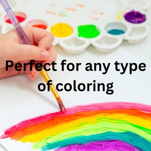 May include: A child's hand paints a rainbow with a paintbrush and watercolor paints. The text "Perfect for any type of coloring" is visible below the rainbow.