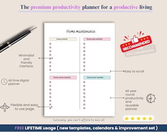 May include: A white productivity planner with a home maintenance checklist, featuring sections for monthly, bi-monthly, quarterly, and four-month tasks. The planner has a minimalist design and is easy to scroll.