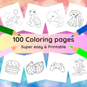 May include: A set of 100 coloring pages featuring simple illustrations of a plane, turtle, dolphin, puppy, hamburger, strawberries, a video game controller, and tulips. The text "100 Coloring pages" and "Super easy & Printable" is displayed on a pink and yellow background.