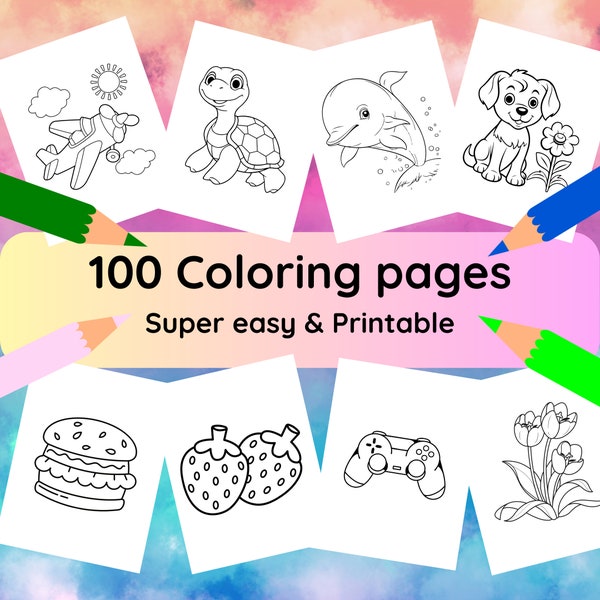 100 Easy Coloring Pages for Kids, Coloring Page Bundle Wall Art, Preschoolers Toddlers Coloring Book, Digital Download Simple Coloring Pages