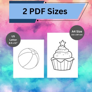 May include: Two printable coloring pages in US Letter (8.5 x 11 inches) and A4 (210 x 297 mm) sizes. The first page features a beach ball, and the second page features a cupcake with a star on top.