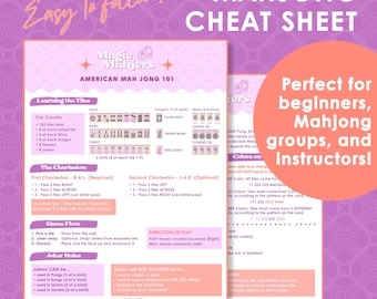 May include: A purple and white Mahjong cheat sheet with the text "MAHJONG CHEAT SHEET" and "AMERICAN MAH JONG 101". The document includes sections on tile counts, the Charleston, game flow, and joker rules, featuring illustrations of Mahjong tiles.