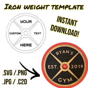 May include: A black and white template for a weight plate with the text "YOUR CUSTOM TEXT HERE". An example of a weight plate with the text "RYAN'S EST. 2019 GYM" is shown.