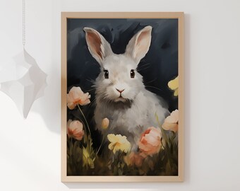 Easter Bunny Vintage Painting | Pastel Flowers Nursery Art (Digital Download)