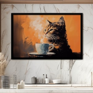 Café de la mañana del gato / Gato sombrío oliendo café / Telón de fondo marrón oscuro / Decoración de la cocina / Ambiente acogedor / Arte de pared único / Iluminación cálida
