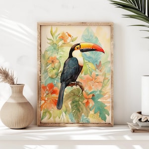 Toucan | Vibrant Forest Flowers | Pastel Home Decor | Exotic Bird Painting | Nature-Inspired Wall Art | Jungle Scene | Nature Print