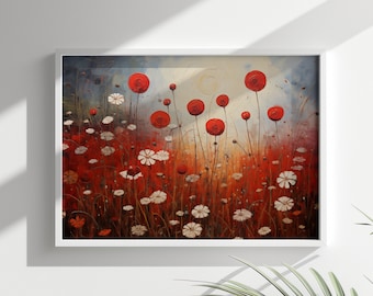 Abstracte print met rode en witte bloemen | Bloemenlandschap met textuur (digitale download)