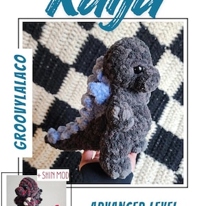 May include: A handmade crocheted Godzilla-style toy in grey and blue. The word "Kaiju" is written in teal script above. The text "GROOVYLALACO" is on the left, and "ADVANCED LEVEL CROCHET PATTERN" is at the bottom.