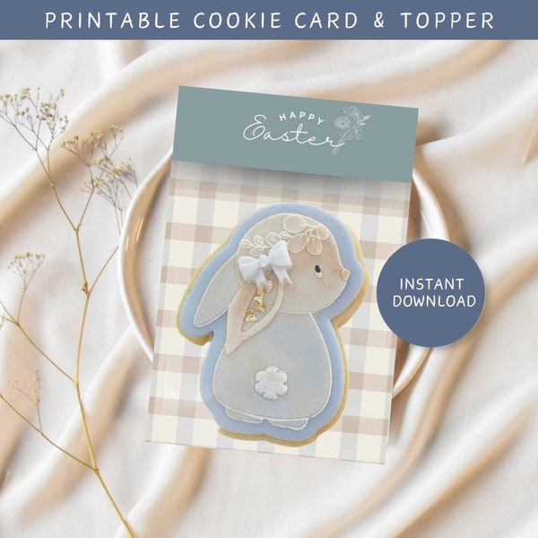 DIGITAL 'Happy Easter' Cookie Backer Card with Topper | Blue & Beige Gingham