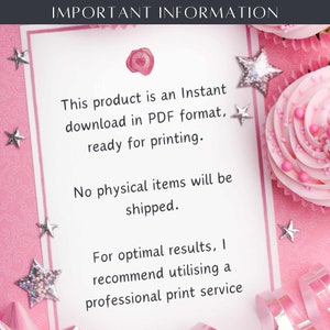 K&ouml;nnte beinhalten: Eine rosa und wei&szlig;e Karte mit dem Text "IMPORTANT INFORMATION" oben. Der Text darunter lautet "Dieses Produkt ist ein sofortiger Download im PDF-Format, bereit zum Drucken. Es werden keine physischen Artikel versandt. F&uuml;r optimale Ergebnisse empfehle ich die Verwendung eines professionellen Druckdienstes."