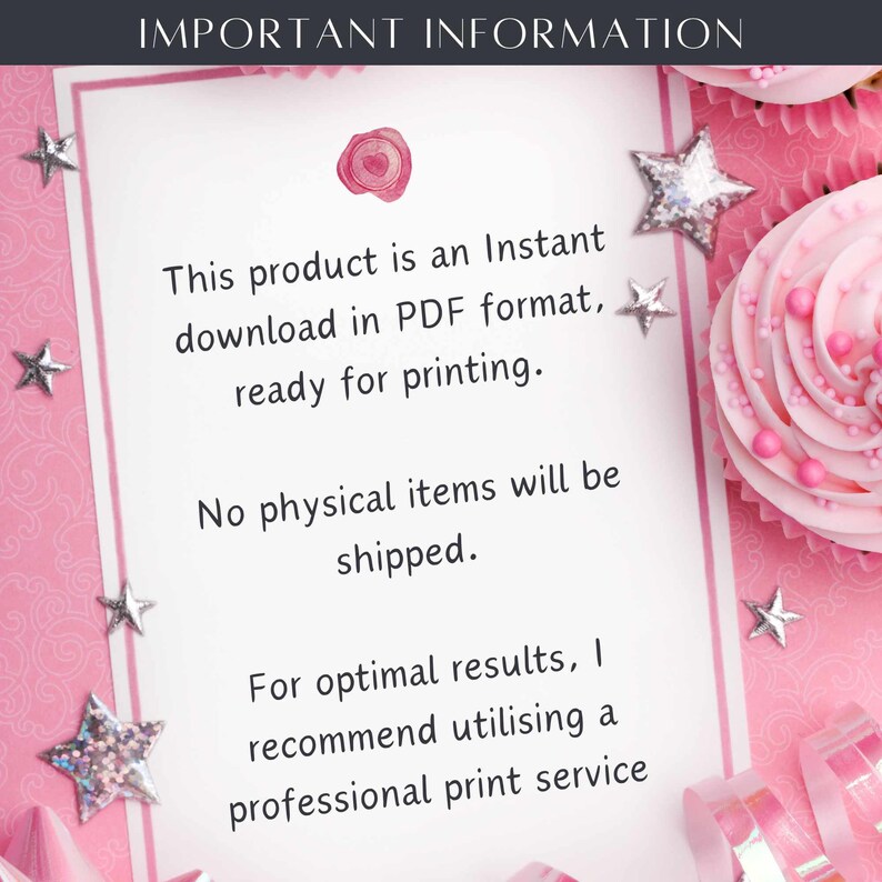 K&ouml;nnte beinhalten: Eine rosa und wei&szlig;e Karte mit dem Text "IMPORTANT INFORMATION" oben. Der Text darunter lautet "Dieses Produkt ist ein sofortiger Download im PDF-Format, bereit zum Drucken. Es werden keine physischen Artikel versandt. F&uuml;r optimale Ergebnisse empfehle ich die Verwendung eines professionellen Druckdienstes."