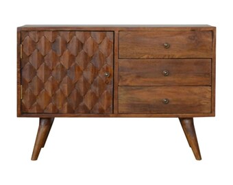 Hand-Carved Chestnut Finished Sideboard, Solid Mango Wood Server Table, Kitchen Sideboard with Pull-Out Drawers and Cabinet