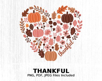 Fall Thankful Heart Digital Art - Autumn Leaves and Pumpkins - Blessed - Grateful - Thanksgiving Printable Wall Art - Cards - Stickers