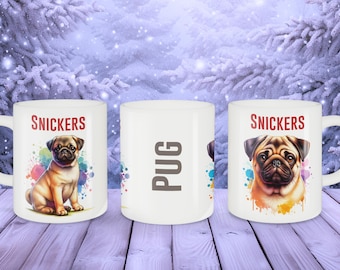 Personalized Pug Coffee Mug, Custom Dog Name Mug with Cute Pug Artwork, Perfect Gift for Pug Owners and Dog Lovers, Christmas Gift