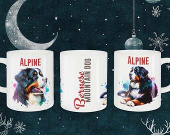 May include: Three white ceramic mugs with colorful watercolor illustrations of Bernese Mountain Dogs. The mugs have the words "Alpine" and "Bernese Mountain Dog" printed on them.
