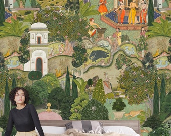 Jaipur Garden recreated with more detail on a Peel & Stick Wallpaper – Ancient Wall mural Inspired by Historic Gardens in Rajasthan