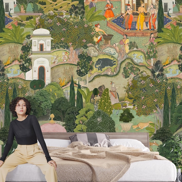 Jaipur Garden recreated with more detail on a Peel & Stick Wallpaper – Ancient Wall mural Inspired by Historic Gardens in Rajasthan