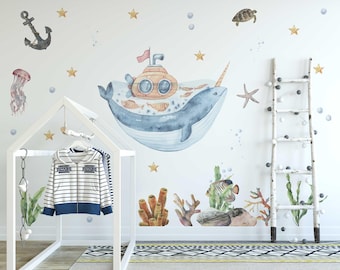Wasserfarben Wal Ozean Wandtattoo - Nautische Wandkunst für Kinderzimmer, Spielzimmer & Kinderzimmer Dekor - Süßer Sea Life Theme Aufkleber