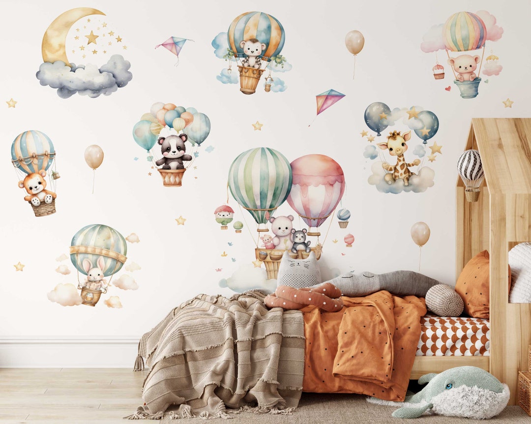 Hot Air Balloon Nursery Wall Sticker - Cute Animal Wall Decal for Kids ...
