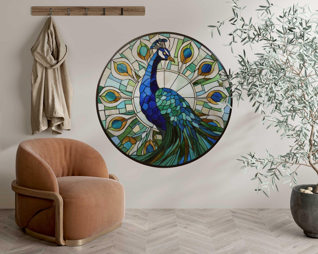 Curated visual reference: Fresh Look at Stained Glass Peacock Round Wall Decal Elegant Art Nouveau Removable