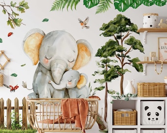 Elefant Wandtattoo für Kinderzimmer Tier Wandkunst - Safari Wandaufkleber & Kinderzimmer Dekor - Geschenk für Babyparty - Dschungel Tiere Wandtattoo