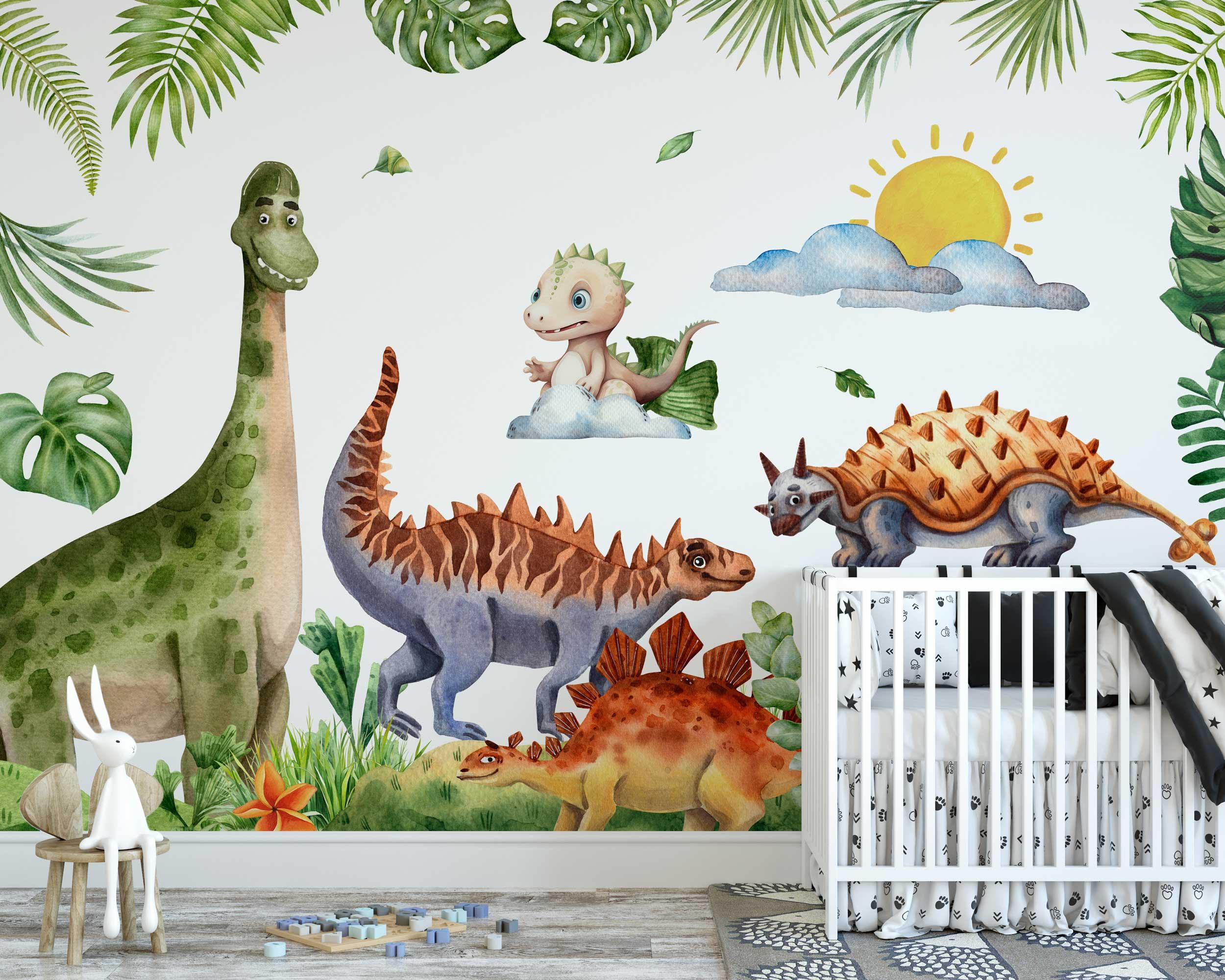 Tanlaby Dinosaur Wall Stickers Watercolor Dino Tropical Leaves Palm Tree Wall Decals Peel And Stick Decor For Baby Nursery Boys Girls Kids Toddler