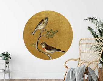 Vintage Birds on Branch Circle Wall Sticker - Two Birds on Branch in Gold Background, Living Room Art, Nature Inspired Wall sticker