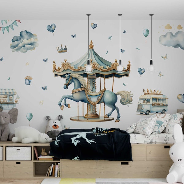 Whimsical Carnival Girls Bedroom Removable Wall Stickers with Horses - Transform Child's Room into a Festive Wonderland Carnival Decals