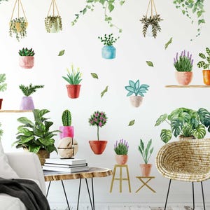 Botanischer Wandaufkleber für Wohnzimmerdekoration - Aquarell Blumen Wandtattoo - Pflanzen Wandkunst für Wohnkultur & Büro Wanddekoration