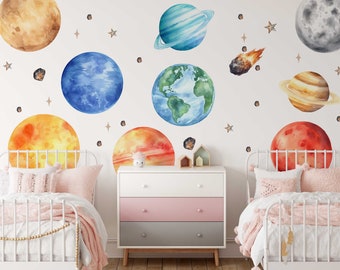 Watercolor Space Wall Stickers Nursery Decor - Astronauts, Planets and Spaceship Wall Art for Kids Room and Playroom Walls